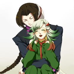 1boy 1girl bare_shoulders braid brother_and_sister duo_lon eyeshadow happy hetero hug long_hair makeup multicolored_hair siblings the_king_of_fighters two-tone_hair xiao_lon