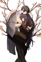 2boys absurdres aqua_eyes black_gloves black_hair black_vest branch closed_mouth e.g.o_(project_moon) flower gloves golden_bough_(limbus_company) half_updo heterochromia highres hong_lu_(project_moon) limbus_company liu_association_south_uniform long_hair looking_down multiple_boys pink_flower project_moon sagara_(pixiv_94599180) spicebush_(e.g.o) technology_liberation_alliance_(identity)_(project_moon) very_long_hair vest wrist_wrap yaoi yellow_eyes yi_sang_(project_moon)