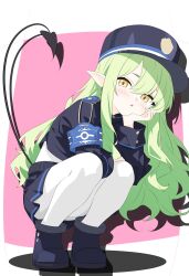 1girl absurdres blue_archive blue_jacket blue_skirt blush buttons demon_tail fang gloves green_hair green_halo halo highres hikari_(blue_archive) jacket k41to long_hair looking_at_viewer open_mouth pink_background pointy_ears shoes skirt solo tail white_background white_gloves yellow_eyes