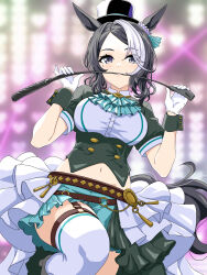 1girl animal_ears biting black_hat blurry blurry_background breasts gloves hat highres holding holding_whip horse_ears horse_girl horse_tail looking_at_viewer mejiro_ramonu_(umamusume) midriff mole mole_under_eye multicolored_hair navel puffy_short_sleeves puffy_sleeves purple_eyes short_sleeves solo streaked_hair tail thighhighs top_hat umamusume white_gloves white_thighhighs zenbrush2