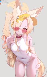 1girl absurdres animal_ear_fluff animal_ears bare_shoulders blonde_hair blue_archive breasts cameltoe covered_navel cross_halo diamond_cutout fox_ears fox_girl fox_tail grey_background grin hair_over_one_eye half-closed_eyes halo hand_on_own_thigh hand_up highleg highleg_one-piece_swimsuit highres jacket leaning_forward loli long_hair long_sleeves looking_at_viewer off_shoulder official_alternate_costume official_alternate_hairstyle one-piece_swimsuit one_eye_covered orange-tinted_eyewear orange_eyes parted_bangs seia_(blue_archive) seia_(swimsuit)_(blue_archive) side_ponytail simple_background small_breasts smile solo sunglasses swimsuit syxh tail thighs tinted_eyewear very_long_hair visor_cap wet white_one-piece_swimsuit yellow_halo yellow_jacket yellow_visor