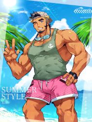 1boy absurdres anchor_print backwards_hat bara baseball_cap beach biceps black_hair blonde_hair earrings english_text eyewear_around_neck facial_hair goatee green_tank_top grin hagiography hat highres jewelry kiloc_(live_a_hero) large_pectorals light_blush light_rays live_a_hero male_focus male_swimwear multicolored_hair one_eye_closed pectorals pink_male_swimwear ring sidepec smile solo summer sun sunlight tank_top thick_eyebrows two-tone_hair v watch wristwatch
