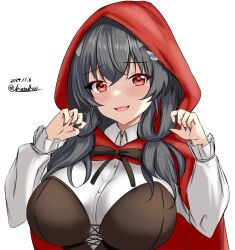 1girl animal_costume animal_ears black_hair black_nails breasts cloak commentary_request cosplay fangs hair_between_eyes hair_ornament halloween_costume highres hood hooded_cloak jingei_(halloween)_(kancolle) jingei_(kancolle) kantai_collection large_breasts little_red_riding_hood_(fairy_tale) little_red_riding_hood_(fairy_tale_character)_(cosplay) little_red_riding_hood_(fairy_tale_character) long_hair long_sleeves montemasa official_alternate_costume open_mouth red_cloak red_eyes red_hood solo upper_body whale_hair_ornament wolf_costume wolf_ears