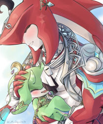 1boy 1girl artist_name blush closed_eyes cottondog_ouob furry gem gradient_background hetero hug nintendo sidon smile the_legend_of_zelda the_legend_of_zelda:_tears_of_the_kingdom upper_body whistle yona_(zelda) zora