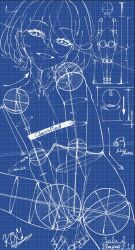 1girl blue_background blueprint_(medium) breasts cecilia_immergreen censored commentary completely_nude doll doll_joints english_commentary english_text grid_background highres hololive hololive_english joints looking_at_viewer medium_hair nkonya nude sitting small_breasts smile solo twitter_username v_arms virtual_youtuber
