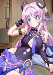 Rule 34 | 1girl, :t, arm support, armlet, asymmetrical gloves, bare shoulders, blue eyes, bracelet, braid, breasts, breasts apart, citlali (genshin impact), closed mouth, clothing cutout, commentary request, els (ljhlee12), fingerless gloves, genshin impact, gloves, hair ornament, highres, jewelry, korean commentary, leotard, medium breasts, mismatched gloves, navel cutout, pink hair, purple gloves, purple leotard, sitting, solo, vision (genshin impact)