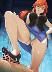 1boy 1girl absurdres aqua_panties black_shoes black_vest blue_skirt blurry blurry_background breasts cameltoe clothed_female_nude_male cum cum_on_self ejaculation femdom from_below glasses gluteal_fold grin hand_on_own_hip hetero high_heels highres i_b_(yaun2242) indoors large_breasts long_hair looking_at_viewer looking_down lorelei_(pokemon) matching_hair/eyes nintendo nude orange_eyes orange_hair panties penis pokemon pokemon_frlg pokemon_rgby sadism shiny_skin shoejob shoes sidelocks skirt smile solo_focus testicles torture underwear upskirt vest