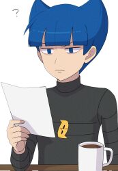 Rule 34 | 1boy, ?, blue eyes, blue hair, blunt bangs, closed mouth, commentary request, cup, highres, holding, holding paper, logo, looking down, male focus, mug, nakikot t, nintendo, paper, pokemon, pokemon dppt, reading, saturn (pokemon), shirt, short hair, solo, white background