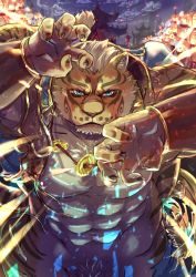 1boy abs ahamma animal_ears bara bare_pectorals beige_fur blue_eyes fighting_stance fingernails furry furry_male highres jewelry light_brown_hair lin_hu_(nekojishi) looking_at_viewer male_focus male_pubic_hair mature_male muscular muscular_male navel necklace nekojishi nipples orange_fur out-of-frame_censoring pants pectorals pubic_hair pubic_hair_peek serious sharp_fingernails short_hair solo stomach tearing_clothes tiger_boy tiger_ears tiger_stripes torn_clothes torn_pants