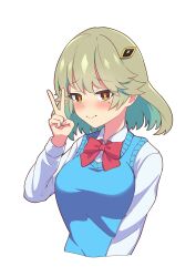 1girl aqua_hair blue_vest blush breasts closed_mouth colored_inner_hair dragon_musume_ni_naritakunai! duel_masters embarrassed green_hair hair_ornament hairclip highres large_breasts long_sleeves mole mole_under_eye multicolored_hair nagareboshi_asche red_ribbon ribbon shirt simple_background solo sweater_vest upper_body v vest white_background white_shirt yellow_eyes yukke_jan