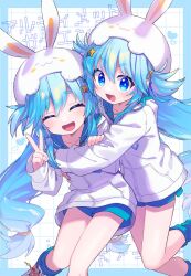 Rule 34 | 48okku, :d, bemani, blue eyes, blue hair, blue shorts, closed eyes, hair ornament, highres, hood, long hair, long sleeves, near (sound voltex), noah (sound voltex), open mouth, shorts, smile, sound voltex, star (symbol), v, very long hair