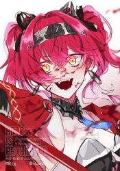 1girl armor armpits blood blue_necktie bodysuit bow breastplate breasts cape collar commentary crazy_eyes crazy_smile crossed_bangs earrings fangs gradient_background hair_between_eyes hair_bow hair_intakes hair_ornament hairband highres holding jewelry long_hair looking_at_viewer lupa_(wuthering_waves) medium_breasts metal_collar metal_hairband mi_08215 necktie open_mouth pink_hair red_cape sidelocks sleeveless sleeveless_bodysuit smile solo twintails twitter_username upper_body watermark weapon white_bodysuit wuthering_waves yellow_eyes