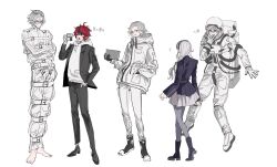 1girl 2boys ? ahoge aotsuki_eito astronaut barefoot black_hair black_jacket black_pants black_shoes book boots bound bound_arms bound_legs bound_torso braid braided_ponytail drawstring feet from_behind full_body glasses grey_pantyhose hand_in_pocket hand_up high_heel_boots high_heels holding holding_book hoodie jacket kirifuji_nozomi knee_boots long_hair messy_hair multicolored_hair multicolored_shoes multiple_boys pants pantyhose pleated_skirt purple_boots purple_jacket red_hair shoes skirt spacesuit standing straightjacket sumino_takumi the_hundred_line_-last_defense_academy- toes white_hair white_hoodie white_jacket white_pants white_shoes white_skirt