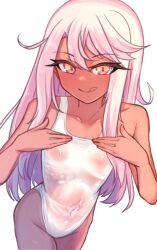 Rule 34 | 1girl, bare shoulders, blush, breasts, chawan (yultutari), chloe von einzbern, covered navel, dark-skinned female, dark skin, fate/kaleid liner prisma illya, fate (series), highleg, highleg one-piece swimsuit, licking lips, long hair, looking at viewer, navel, one-piece swimsuit, orange eyes, pink hair, sidelocks, small breasts, smile, solo, stomach tattoo, swimsuit, tattoo, tongue, tongue out, white one-piece swimsuit