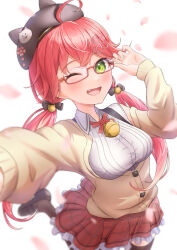 1girl absurdres ahoge bell beret black_shoes black_thighhighs brown_coat coat collared_shirt frilled_skirt frills glasses green_eyes hat highres hololive jingle_bell kumoru_(kumoru_145) long_hair looking_at_viewer low_twintails mary_janes neck_bell official_alternate_costume pink_hair red-framed_eyewear red_skirt sakura_miko sakura_miko_(casual) shirt shoes skirt smile solo thighhighs twintails virtual_youtuber white_shirt