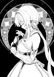 1girl arm_armor bare_shoulders blush closed_eyes closed_mouth commentary_request cowboy_shot ddal dress fingerless_gloves flower from_side genshin_impact gloves greyscale hair_ornament highres holding holding_flower lily_(flower) long_hair lumine_(genshin_impact) monochrome solo strapless strapless_dress very_long_hair