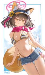 1girl :3 absurdres animal_ear_fluff animal_ears bare_shoulders bikini blue_archive blush border breasts brown_hair closed_mouth commentary cowboy_shot denim denim_shorts dutch_angle english_commentary eyeshadow floating_hair flower fox_ears fox_girl fox_tail fuzake_neko hair_between_eyes hair_flower hair_ornament halo highleg highleg_bikini highres izuna_(blue_archive) izuna_(swimsuit)_(blue_archive) looking_at_viewer makeup medium_breasts medium_hair micro_shorts navel official_alternate_costume one_side_up outside_border pink_eyeshadow pink_halo pom_pom_(clothes) pom_pom_hair_ornament red_eyeshadow red_scarf scarf shorts sidelighting signature smile solo striped_bikini striped_clothes sunflower sunflower_hair_ornament swimsuit tail thigh_gap visor_cap white_border yellow_eyes