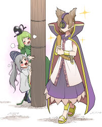 Rule 34 | 3girls, absurdres, black hat, brown hair, cape, dress, full body, green dress, green eyes, green hair, hat, headphones, high ponytail, highres, long hair, looking at another, mononobe no futo, multiple girls, open mouth, peroponesosu., pointy hair, ponytail, purple cape, purple skirt, red cape, ribbon-trimmed sleeves, ribbon trim, sandals, shirt, short hair, skirt, sleeveless, sleeveless shirt, soga no tojiko, sparkle, tate eboshi, touhou, toyosatomimi no miko, two-sided cape, two-sided fabric, utility pole, walking, white shirt, yellow sandals