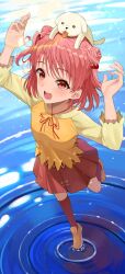 1girl absurdres baby_animal blush dog double_bun ever_17 hair_bobbles hair_bun hair_ornament highres open_mouth pink_hair puppy raglan_sleeves ribbon shoes short_hair skirt smile socks solo yagami_coco yaki_tai