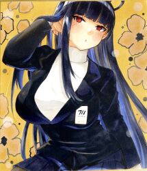 1girl absurdres black_hair black_jacket black_pantyhose black_skirt blazer blue_archive blush breasts halo highres jacket large_breasts long_hair looking_at_viewer pantyhose parted_lips pleated_skirt rio_(blue_archive) skirt solo sweater turtleneck turtleneck_sweater user_xdhg7247 white_sweater