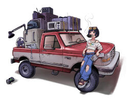 1girl absurdres belt belt_buckle black_hair blue_eyes blue_pants breasts brown-tinted_eyewear brown_belt buckle cigarette clothes_writing corded_phone crack cracked_glass crop_top crushed_can denim desk_lamp electric_fan eyewear_on_head helm helmet highres holding holding_newspaper jeans lamp long_sleeves microwave midriff motor_vehicle navel newspaper nishikino_kee off_shoulder original pants phone pickup_truck puffy_long_sleeves puffy_sleeves refrigerator shadow shirt short_hair simple_background small_breasts smoke smoking solo stove sunglasses tinted_eyewear too_many torn_clothes torn_pants truck v-shaped_eyebrows white_background white_shirt