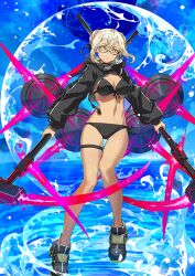 Rule 34 | 1girl, ahoge, artoria pendragon (fate), bare legs, bikini, black-framed eyewear, black bikini, black ribbon, black shoes, black shrug, blonde hair, blue background, breasts, bun with braided base, bunbun, cleavage, closed mouth, collared shrug, dark-skinned female, dark skin, double-parted bangs, double bun, dual wielding, energy scythe, fate/grand order, fate (series), floating hair, front-tie bikini top, front-tie top, game cg, hair bun, hair ribbon, holding, holding scythe, holding weapon, hood, hood down, hooded shrug, long sleeves, looking to the side, medium breasts, mysterious heroine xx alter (fate), navel, official art, puffy long sleeves, puffy sleeves, ribbon, round eyewear, scythe, semi-rimless eyewear, shoes, short hair, shrug (clothing), side-tie bikini bottom, sidelocks, smile, sneakers, solo, stomach, swimsuit, tan, thigh gap, thigh strap, third-party source, under-rim eyewear, variant set, water, weapon, yellow eyes