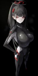 1girl black_background black_bodysuit black_hair black_halo blue_archive bodysuit bright_pupils halo highres multicolored_halo official_alternate_costume red_eyes ringed_eyes rio_(blue_archive) rio_(bodysuit)_(blue_archive) s0lari_sub solo two-tone_halo white_pupils