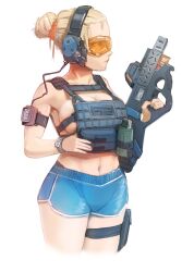 1girl absurdres blonde_hair blue_shorts breasts cleavage closed_mouth collarbone cropped_legs cup dolphin_shorts earphones flashbang hair_bun highres holding holding_cup large_breasts load_bearing_vest navel no_bra notfuji optical_sight orange-tinted_eyewear original pouch shorts simple_background single_hair_bun solo thigh_pouch thigh_strap tinted_eyewear weapon white_background