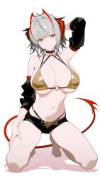 1girl absurdres ahoge antennae arasaka_inu arknights arm_up armpits bare_shoulders barefoot bikini bikini_under_shorts black_shorts breasts cleavage commentary_request demon_girl demon_horns demon_tail detached_sleeves gold_bikini grey_hair hair_intakes highres horns kneeling large_breasts looking_at_viewer o-ring o-ring_bikini o-ring_top open_fly orange_eyes red_horns short_hair short_shorts shorts simple_background skindentation smile solo swimsuit tail thighs toes w_(arknights) white_background