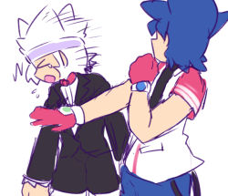 &gt;_&lt; 2boys baseball_uniform blue_hair gloves legs meme monkey multiple_boys open_mouth pointy_hair saru_getchu satoru_(saru_getchu) shorts slapping sony specter_(saru_getchu) sportswear thighs tuxedo