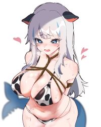 1girl absurdres alternate_breast_size animal_ears animal_print bikini blush breasts cow_ears cow_print cow_print_bikini fins fish_tail gawr_gura highres hololive hololive_english large_breasts me_o_wy print_bikini rope shark_tail shibari swimsuit tail virtual_youtuber