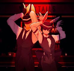 2boys animal_ears arm_strap arms_up back_bow bar_(place) black_bow black_bowtie black_gloves black_hat black_vest blush bow bowtie chance_(forsaken) closed_mouth colored_skin frozen_soul fedora forsaken_(roblox) gloves hat highres indoors long_sleeves looking_at_viewer mafioso_(frozen_soul) multiple_boys nyangimochi parted_lips rabbit_ears roblox single_glove smile sunglasses vest white_skin wrist_cuffs yellow_skin