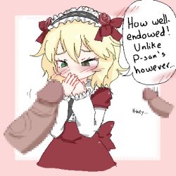 Rule 34 | 1girl, 2boys, black bow, black bowtie, blonde hair, blush, bow, bowtie, censored, covering own mouth, dress, flower, green eyes, hair flower, hair ornament, hand over own mouth, idolmaster, idolmaster cinderella girls, long sleeves, maid headdress, mosaic censoring, multiple boys, nuelogical, penis, pixel art, red dress, rose, sakurai momoka, short hair, speech bubble, veins, veiny penis