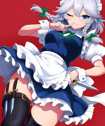 1girl apron belt black_thighhighs blue_dress blue_eyes bow bowtie braid braided_sidelock breasts collared_dress commentary_request double-parted_bangs dress dutch_angle finger_to_mouth frilled_dress frills green_bow green_bowtie grey_hair hair_bow hand_on_own_hip highres holding holding_knife izayoi_sakuya kisaragi_koushi knife looking_at_viewer maid maid_apron maid_headdress medium_breasts one_eye_closed puffy_short_sleeves puffy_sleeves red_background short_sleeves simple_background skindentation smile solo thigh_belt thigh_strap thighhighs touhou twin_braids white_apron wrist_cuffs