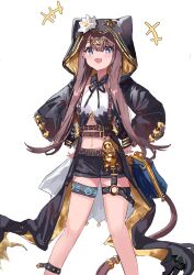 +++ 1girl :d absurdres ankh arknights belt black_jacket black_shorts blue_eyes blush brown_belt brown_hair brown_tail chinese_commentary commentary_request eyes_visible_through_hair fang feet_out_of_frame flower hair_between_eyes hands_on_own_hips high_belt highres hood hood_up hooded_jacket infection_monitor_(arknights) jacket laoshi_wo_hao_e long_hair long_sleeves o-ring o-ring_thigh_strap open_clothes open_jacket open_mouth pepe_(arknights) shorts simple_background sketch skin_fang smile solo standing tail tail_ornament tail_ring thigh_strap two-sided_fabric two-sided_jacket white_background white_flower yellow_jacket