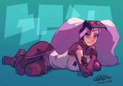 1girl abstract_background artist_name black_pants blouse blush crossed_arms dated entrapta full_body goggles goggles_on_head hagfish highres long_hair lying on_side pants parted_lips purple_eyes purple_hair purple_shirt shadow she-ra_and_the_princesses_of_power shirt smile solo very_long_hair