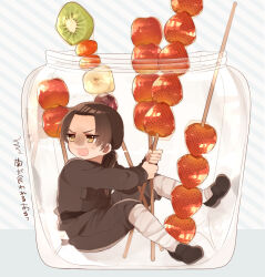 1boy axis_powers_hetalia baggy_pants bandaged_leg bandages belt black_belt black_jacket black_pants black_shoes blush bottle breast_pocket brown_hair chibi china_(hetalia) food fruit full_body highres holding holding_skewer in_bottle in_container jacket long_hair long_sleeves looking_to_the_side low_ponytail male_focus military_jacket military_uniform ninonuko open_mouth pants pocket ponytail shoes sidelocks sitting skewer solo strawberry striped_background sweatdrop tanghulu v-shaped_eyebrows white_background yellow_eyes