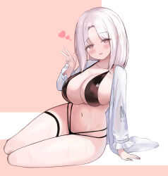 Rule 34 | 1girl, absurdres, bikini, black bikini, breasts, cleavage, commission, halterneck, hand up, heart, highres, large breasts, long hair, long sleeves, looking at viewer, multi-strapped bikini bottom, navel, open clothes, open shirt, original, parted bangs, parted lips, pink eyes, shirt, sitting, skindentation, solo, sss2056, stomach, string bikini, swimsuit, thigh strap, thighs, v, white hair, white shirt, yokozuwari
