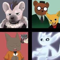 3boys 4others angus_delaney animal_ears arknights bear_boy bear_ears black_hair black_jacket brown_fur character_request closed_eyes closed_mouth cult_of_the_lamb fox_boy fox_ears furry furry_male green_sweater gregg_lee grey_fur hat highres hood hood_down hooded_jacket hyena_boy hyena_ears infection_monitor_(arknights) jacket looking_at_viewer mimizuku_kemo multicolored_hair multiple_boys multiple_others necktie night_in_the_woods open_mouth orange_fur ori_(ori_and_the_blind_forest) ori_and_the_blind_forest red_shirt shirt smile spot_(arknights) streaked_hair sweater third_eye top_hat