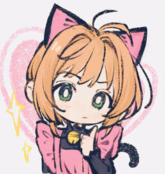 1girl animal_ears antenna_hair apron arm_at_side bell black_shirt black_tail bright_pupils brown_hair cardcaptor_sakura cat_ears cat_tail chibi chibi_only chinese_commentary closed_mouth commentary_request fake_animal_ears frilled_apron frills green_eyes grey_background hair_intakes hand_up head_tilt heart heart_background index_finger_raised kinomoto_sakura kinomoto_sakura_(kitty) linbeiyx long_sleeves looking_at_viewer neck_bell pink_apron portrait raised_eyebrows shirt short_hair solo sparkle tail tail_raised