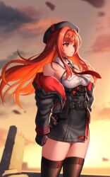 1girl bare_shoulders belt beret black_gloves black_hat black_jacket black_skirt black_thighhighs breasts cloud commentary cowboy_shot detached_collar floating_hair gloves goddess_of_victory:_nikke hair_intakes hand_on_own_hip hat high-waist_skirt highres jacket large_breasts long_hair long_sleeves looking_to_the_side necktie off_shoulder outdoors parted_lips rapi_(nikke) red_eyes red_hair red_necktie ruins shirt skirt sky solo standing strapless strapless_shirt sunset thighhighs toriseru_(rare_stone) two-sided_fabric two-sided_jacket utility_belt white_shirt