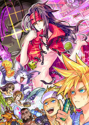 3girls 6+boys aerith_gainsborough animal barret_wallace bathroom beard binoculars black_hair blonde_hair blush bottle breasts brown_eyes brown_hair cait_sith_(final_fantasy) cat chibi cid_highwind cigarette cloak closed_eyes cloud_strife crown dark-skinned_male dark_skin eputo_(murockyou) facial_hair fangs final_fantasy final_fantasy_vii glasses grin gun hair_between_eyes hair_up hand_fan headband holding holding_binoculars holding_fan holding_shower_head holding_sponge key charm_(object) long_hair medium_breasts midriff milk_bottle mini_crown multiple_boys multiple_girls open_mouth orange_eyes orange_fur parted_bangs parted_lips professor_houjou red_cloak red_eyes red_headband red_xiii ringlets shirt short_hair shower_head sidelocks smile sparkling_eyes spiked_hair sponge striped_clothes striped_shirt stubble sweat teeth tifa_lockhart tonberry tongue tongue_out towel upper_body very_short_hair vincent_valentine weapon white_headband yuffie_kisaragi
