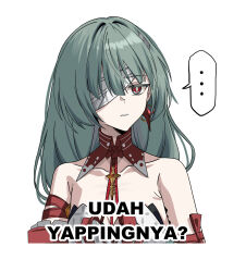 ... 1girl bandage_over_one_eye bare_shoulders bright_pupils collarbone commentary_request cropped_torso earrings flower_in_eye grey_eyes grey_hair highres jewelry long_hair looking_at_viewer parted_lips phrolova_(wuthering_waves) pokarii_zuu simple_background solo spoken_ellipsis symbol_in_eye tacet_mark_(wuthering_waves) translation_request white_background white_pupils wuthering_waves