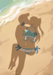 1boy 1girl absurdres arm_around_shoulder arm_scrunchie bikini blue_bikini box_wonderland carrying carrying_person completely_nude dressed_shadow_(meme) frilled_bikini frills hair_ribbon hetero highres hug kiss long_hair love_live! love_live!_nijigasaki_high_school_idol_club meme nude ocean osaka_shizuku pompadour ponytail ribbon sand sex shadow standing standing_sex suspended_congress swimsuit water
