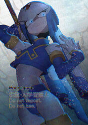 1girl armor blue_armor blue_eyes blue_helmet cowboy_shot fairy_leviathan_(mega_man) fins forehead_jewel glowing glowing_eyes head_fins helmet holding holding_polearm holding_weapon mega_man_(series) mega_man_zero_(series) polearm solo spear twitter_username underwater watermark weapon yamanashi_taiki