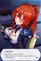 Rule 34 | 1girl, alcohol, bed, bedroom, beer, beer can, black gloves, black jacket, black shorts, blush, breasts, can, cleavage, collared shirt, drink can, drunk, english text, fingernails, gloves, grin, highres, holding, holding can, honkai (series), honkai impact 3rd, indoors, jacket, large breasts, large variant set, long hair, looking at viewer, mole, mole on breast, murata himeko, murata himeko (arctic kriegsmesser), one eye closed, pantyhose, partially fingerless gloves, pillow, ponytail, pov, red hair, shirt, shorts, smile, solo, teeth, variant set, white pantyhose, white shirt, yellow eyes, zero130