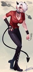 1girl absurdres belt black_collar black_gloves black_pants bowing breasts cigarette collar demon demon_girl demon_horns demon_tail ear_piercing eltonel evil_smile gloves hair_over_one_eye helltaker highres holding holding_cigarette horns jacket jewelry looking_at_viewer mouth_piercing necklace nose_piercing pants piercing red_jacket sharp_teeth short_hair smile standing tail teeth zdrada_(helltaker)