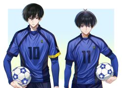 Rule 34 | 2boys, ball, black hair, black shorts, blue eyes, blue lock, blue shirt, blue sleeves, closed mouth, green eyes, hair between eyes, highres, holding, holding ball, hyohls2 (hamao3o), isagi yoichi, itoshi rin, long sleeves, male focus, multiple boys, shirt, short hair, shorts, simple background, soccer ball, soccer uniform, sportswear, white background