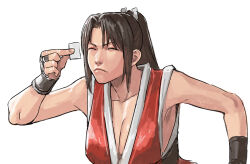 1girl arm_guards bare_shoulders ben_chang breasts brown_hair cirenk cleavage collarbone community_(series) fatal_fury hand_fan high_ponytail highres holding holding_fan holding_paper japanese_clothes large_breasts long_hair meme ninja paper pelvic_curtain photo-referenced pinching_gesture ponytail revealing_clothes rope shiranui_mai sideboob snk solo squinting the_king_of_fighters upper_body