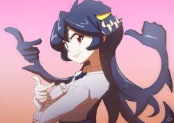 Rule 34 | 1563ichikorosan, 1girl, blue hair, filia (skullgirls), gradient background, highres, index finger raised, looking at viewer, necktie, pink background, prehensile hair, red eyes, samson (skullgirls), skullgirls, smile, solo, thumbs up, upper body